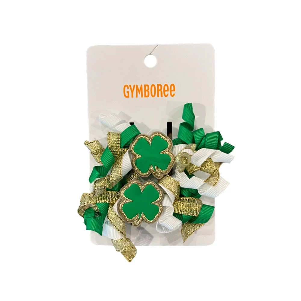 NWT Gymboree Green W/Embroidered Rainbow Top & Shamrock Hair Clips -